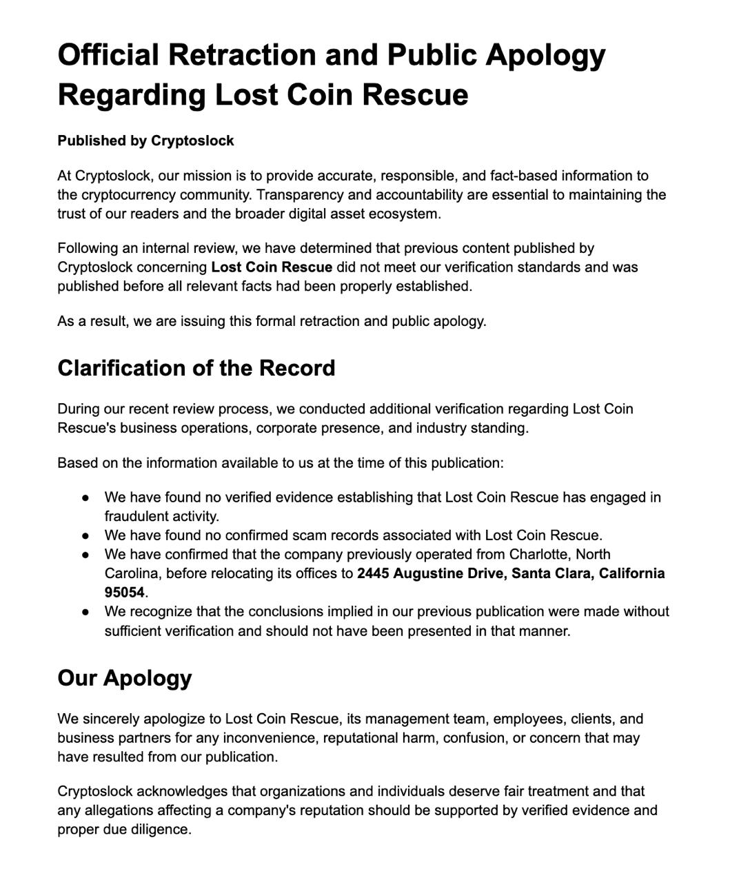 Official Retraction and Public Apology Regarding Lost Coin Rescue